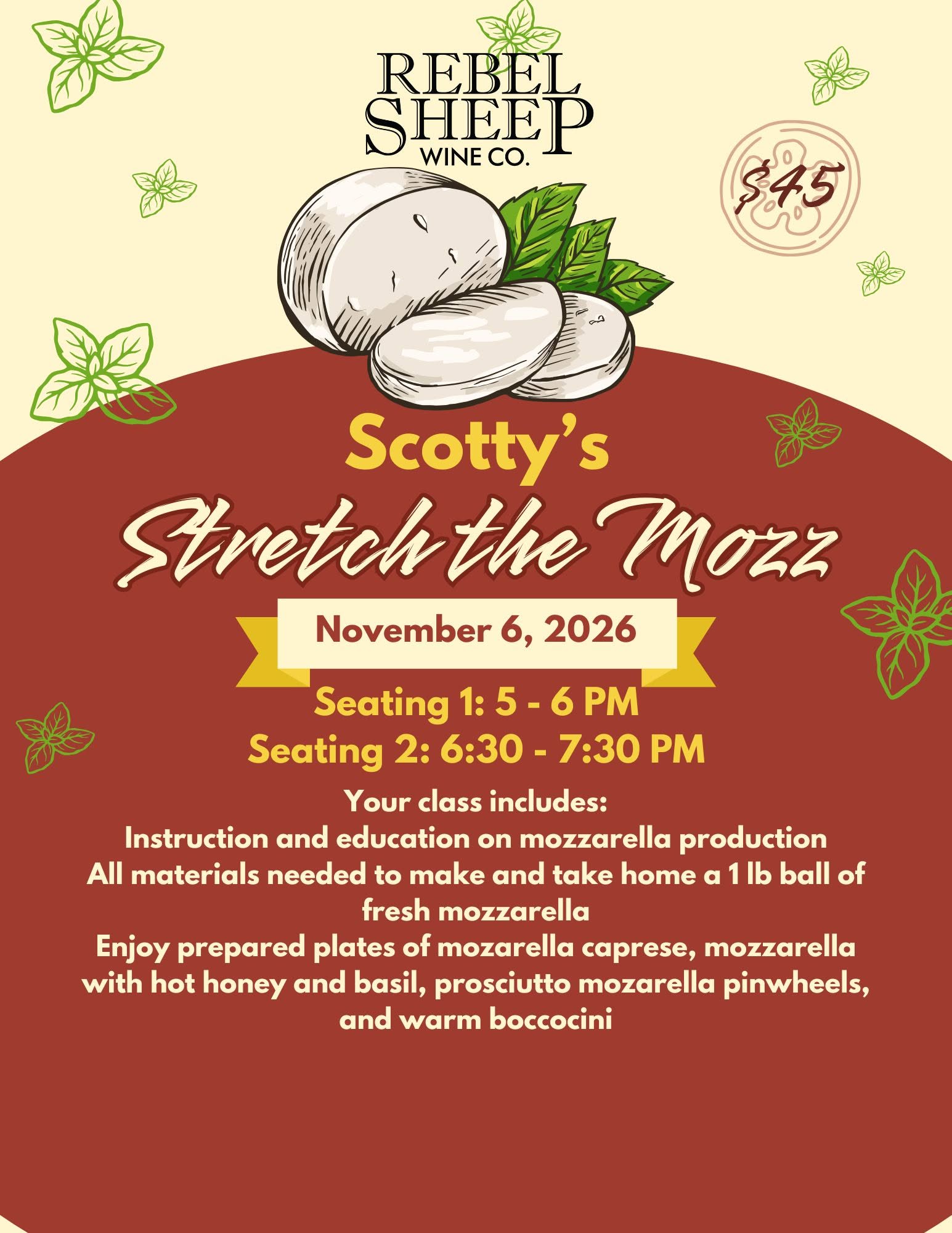 Mozzarella Making Workshop - Nov 6, 2026 at Rebel Sheep Wine Co.